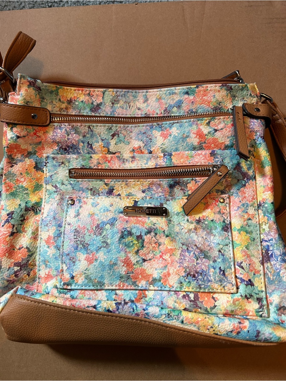 Rosetti Multicolor Floral Crossbody with Tan Trim